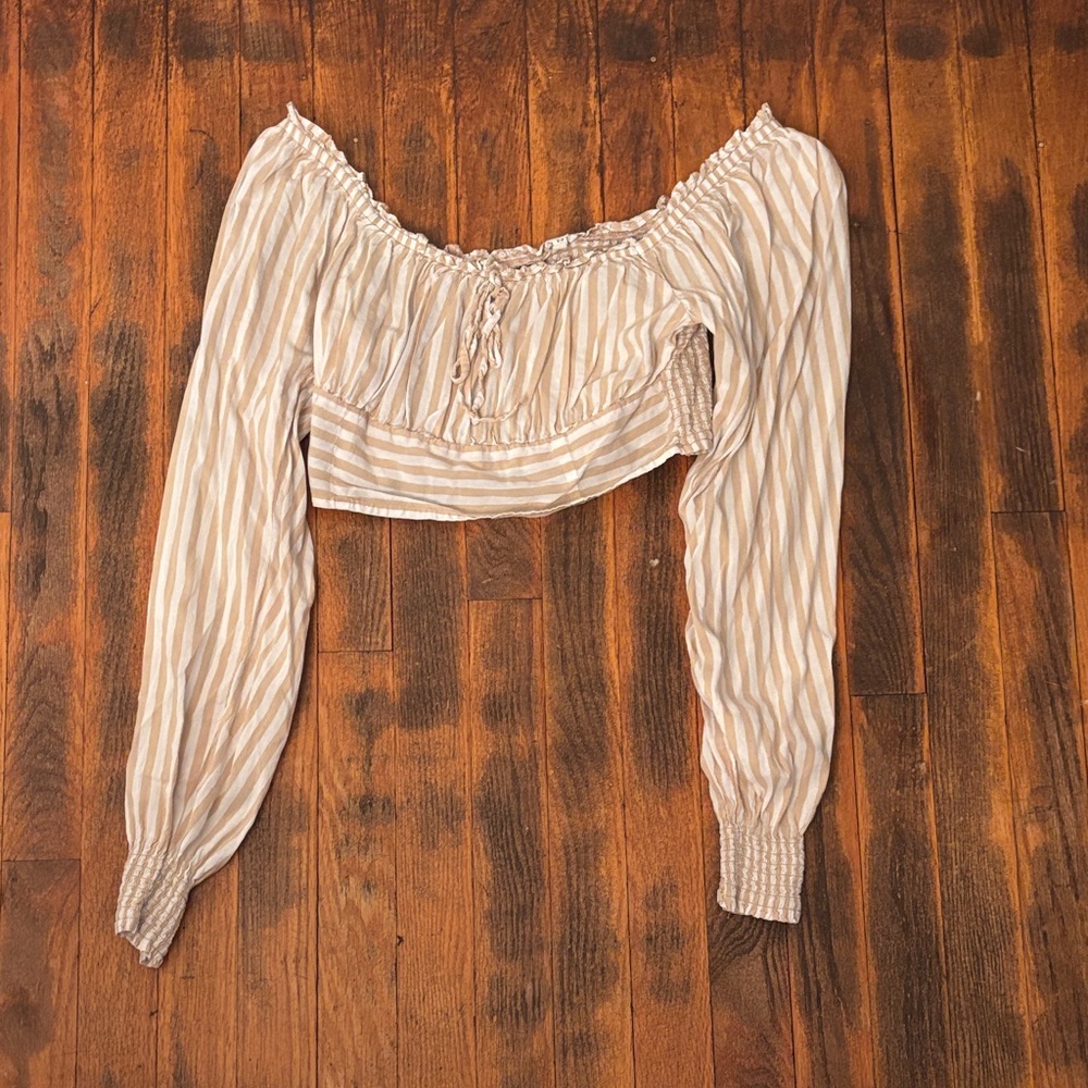 Aerie Cream and Tan Striped Off-Shoulder Crop Top